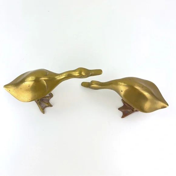 2 Vintage Brass Duck Pair Figurine Geese Set Of Birds MCM decor 8” - Picture 3 of 10
